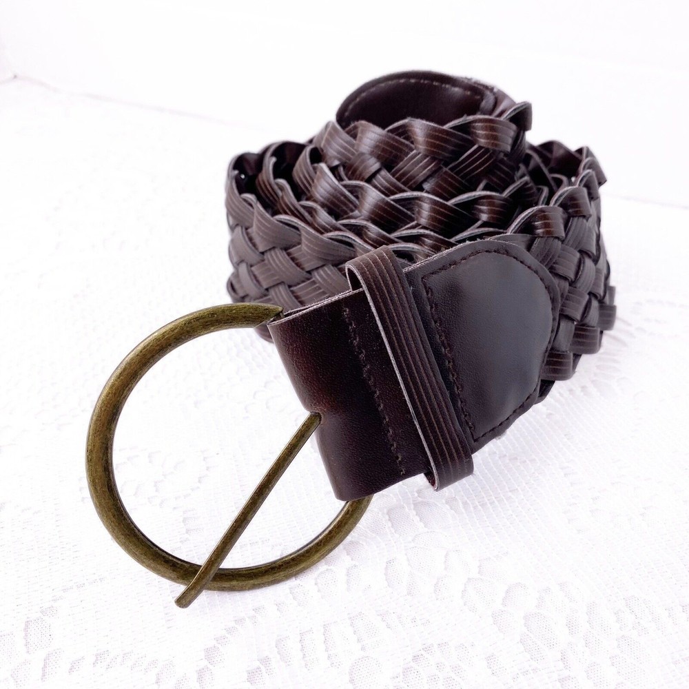 Vintage Boho Y2K Wide Braided Brown Belt Brass Buckle Size 12